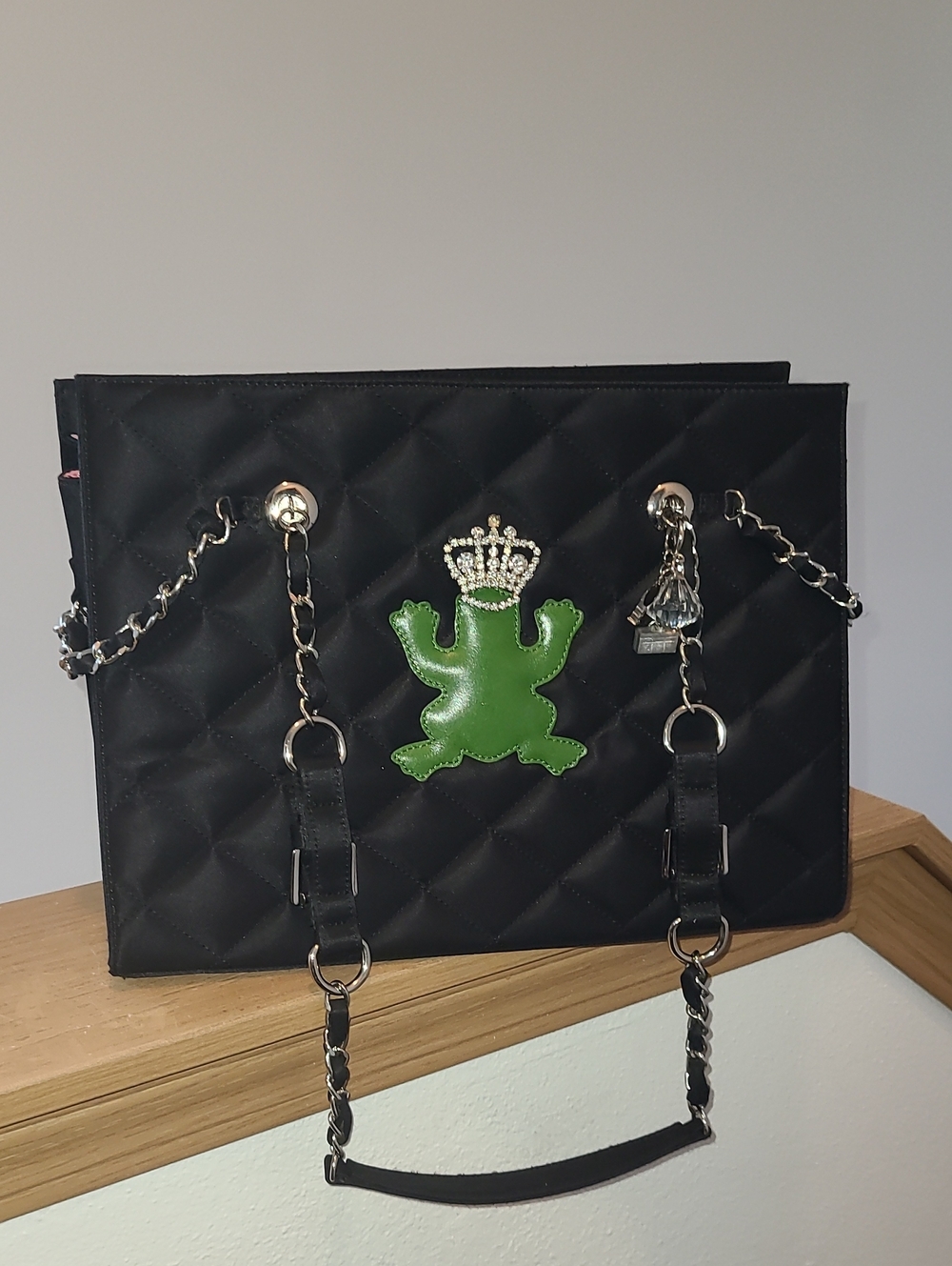 My Flat In London Black Quilted Tote Bag with Green Crowned Frog Accent